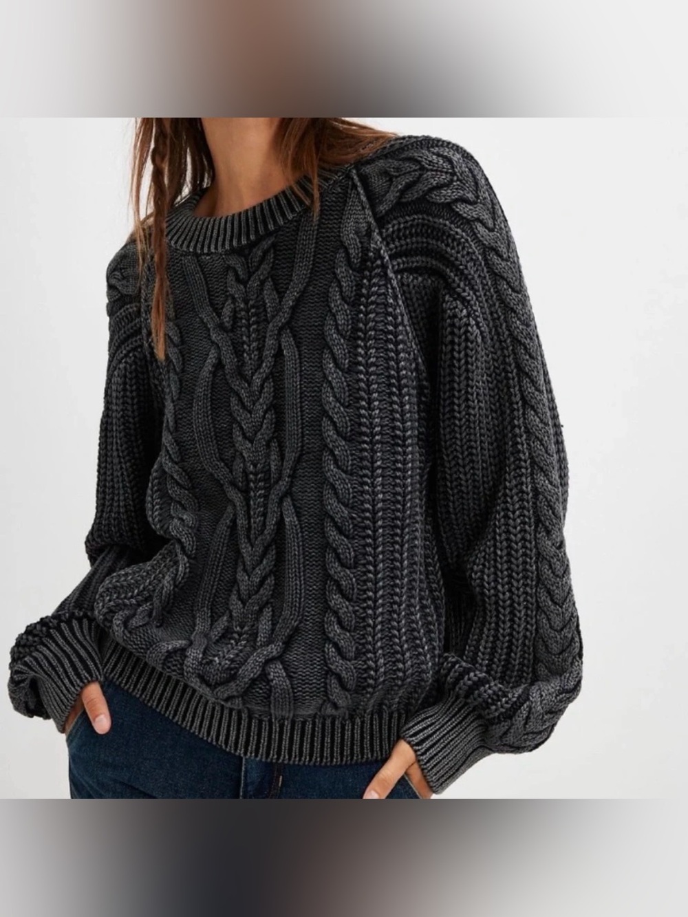 Free People Frankie Cable Knit Cotton Sweater Chunky Crewneck Size Small